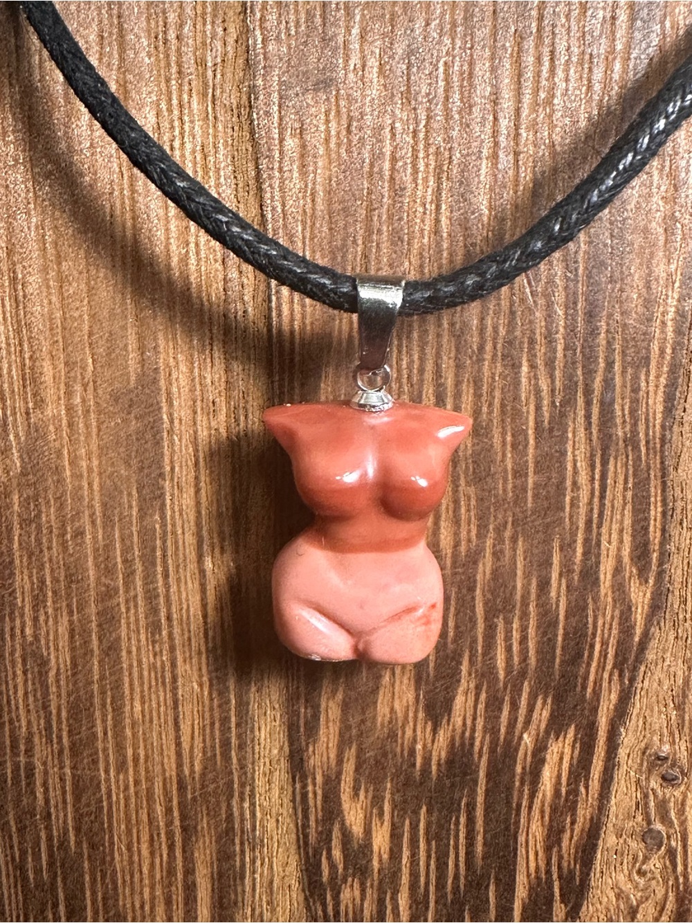 Handmade Mini Pink Alashan Agate Lady Body Carving Pendant Necklace on Rope - Picture 2 of 12